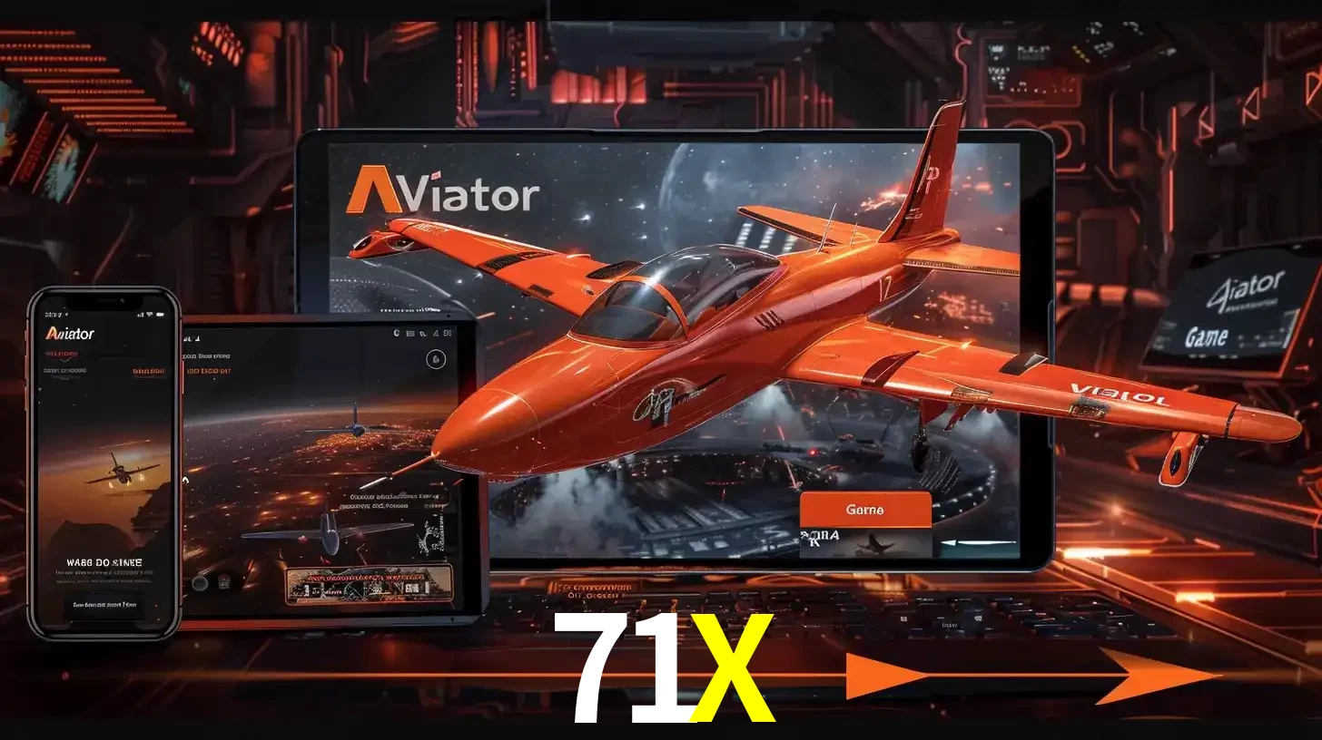 Apresentação tecnológica do jogo Aviator com um avião saindo da tela de um tablet, demonstrando a experiência imersiva em múltiplos dispositivos no 71X.