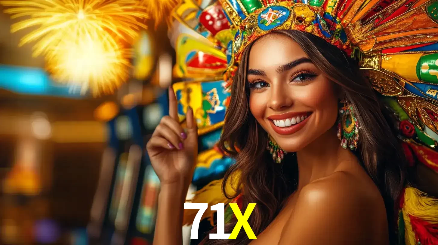 Mulher sorridente com um cocar de carnaval vibrante e colorido, celebrando uma grande vitória nos jogos do cassino 71X com fogos de artifício ao fundo.