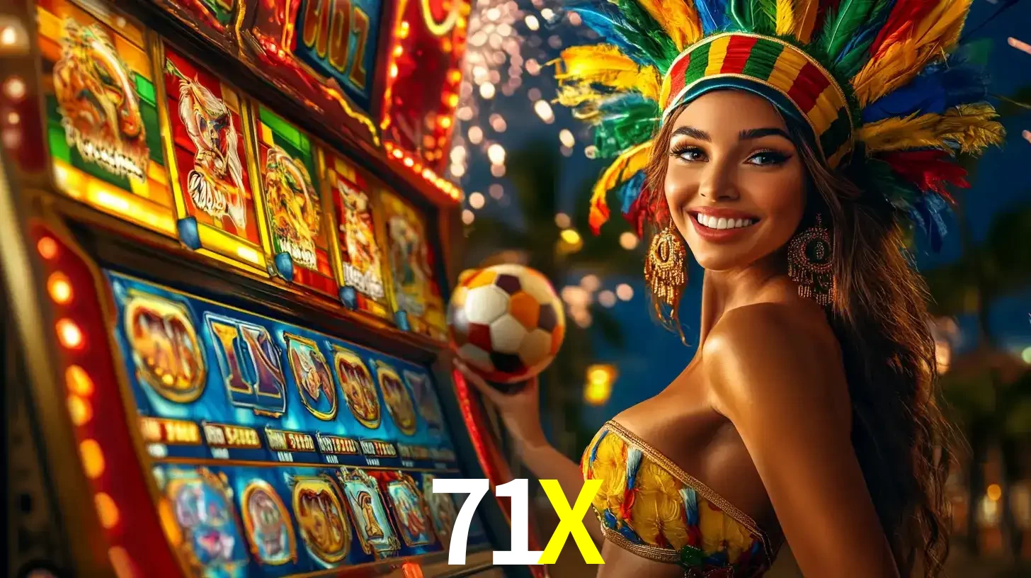 Mulher com um cocar de carnaval ao lado de uma máquina de caça-níqueis enquanto segura uma bola de futebol, mostrando a união da diversão de cassino e esportes no 71X.