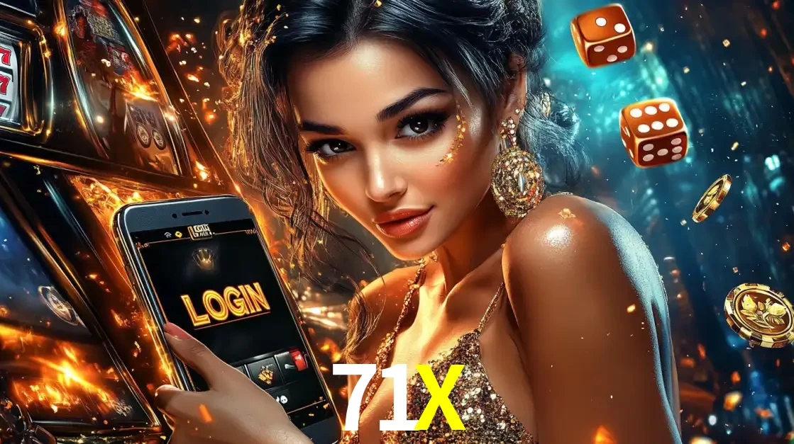 Mulher glamourosa segurando um celular com a tela de login do cassino 71X, rodeada por dados e moedas douradas, pronta para começar a diversão.