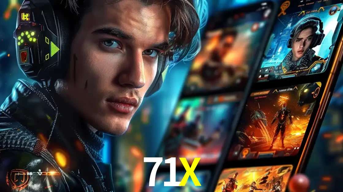 Jovem jogador com fones de ouvido olhando para a câmera, com um aplicativo de jogos e e-sports para celular ao fundo, pronto para a competição e apostas no 71X.