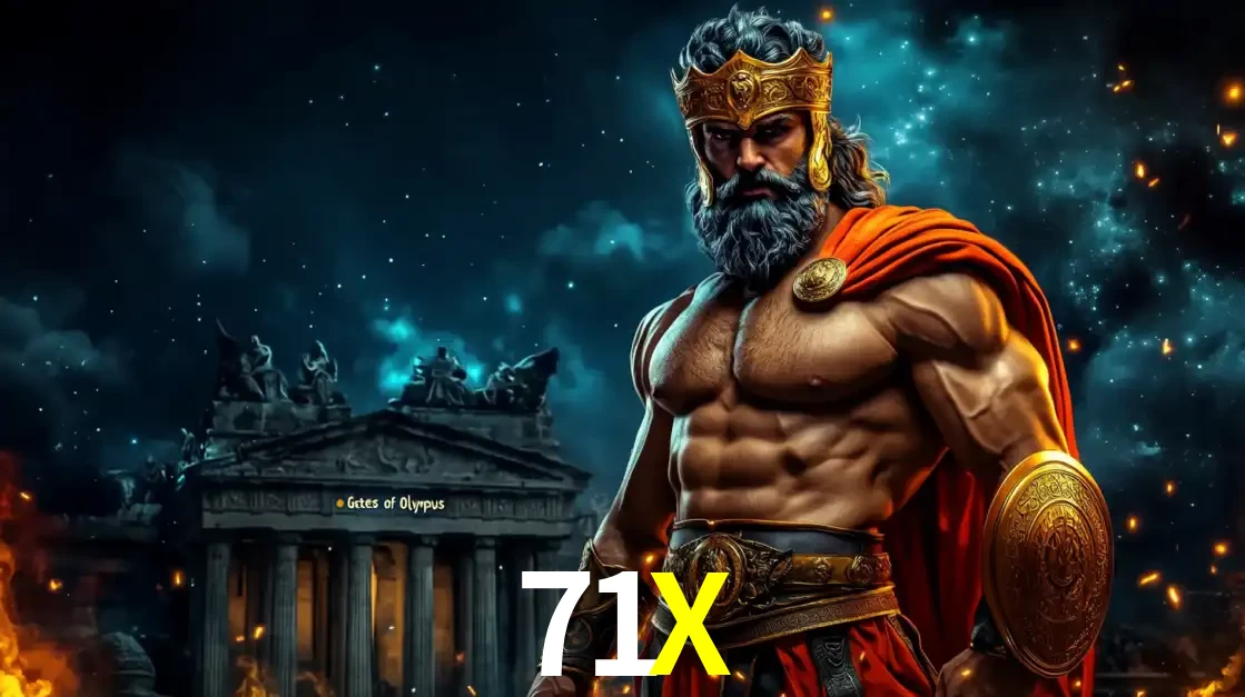 O poderoso Zeus do jogo de slot Gates of Olympus em frente ao seu templo, pronto para lançar multiplicadores divinos e prêmios épicos no cassino online 71X.