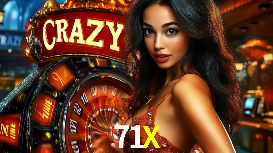 Mulher glamourosa olhando para a câmera com a roda vermelha do Crazy Time ao fundo em um ambiente de cassino, destacando a emoção dos jogos ao vivo no 71X.