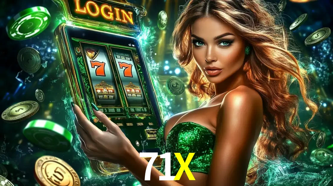 Mulher com tema verde apresentando o aplicativo do cassino 71X com um jogo de slot de 777, cercada por fichas de cassino e uma aura de sorte.