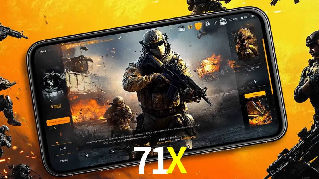 Um smartphone exibindo a interface de um jogo de tiro em primeira pessoa, com um soldado em um cenário de batalha, representando a ação dos e-sports para apostar no 71X.