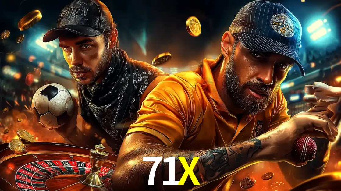 Montagem de apostas esportivas e cassino no 71X, com um homem segurando uma bola de futebol e outro uma de beisebol sobre uma roleta e moedas voadoras.