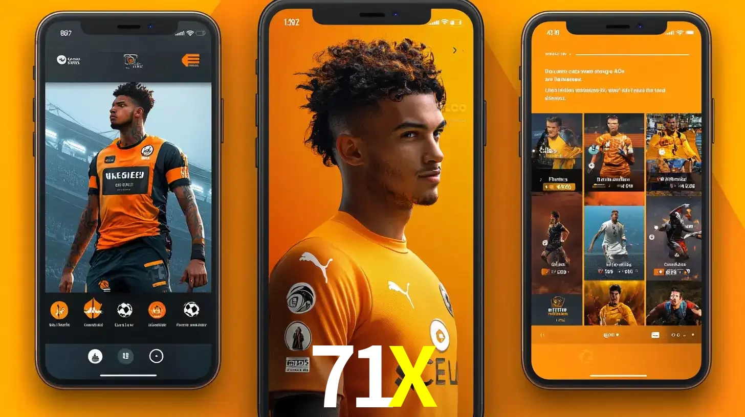 Interface do aplicativo de apostas esportivas 71X em três telas de celular, mostrando o perfil de um jogador de futebol e a lista de jogos disponíveis para apostar.