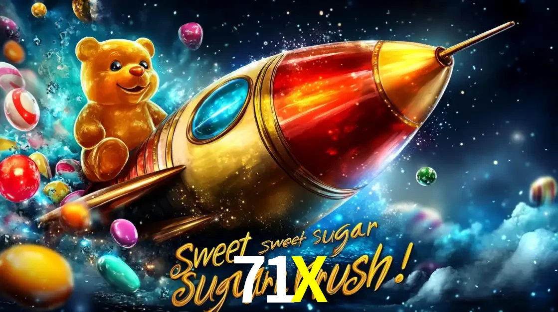Arte promocional do jogo de slot Sugar Rush, com um urso de pelúcia em um foguete viajando pelo espaço de doces, um dos jogos divertidos disponíveis no cassino 71X.