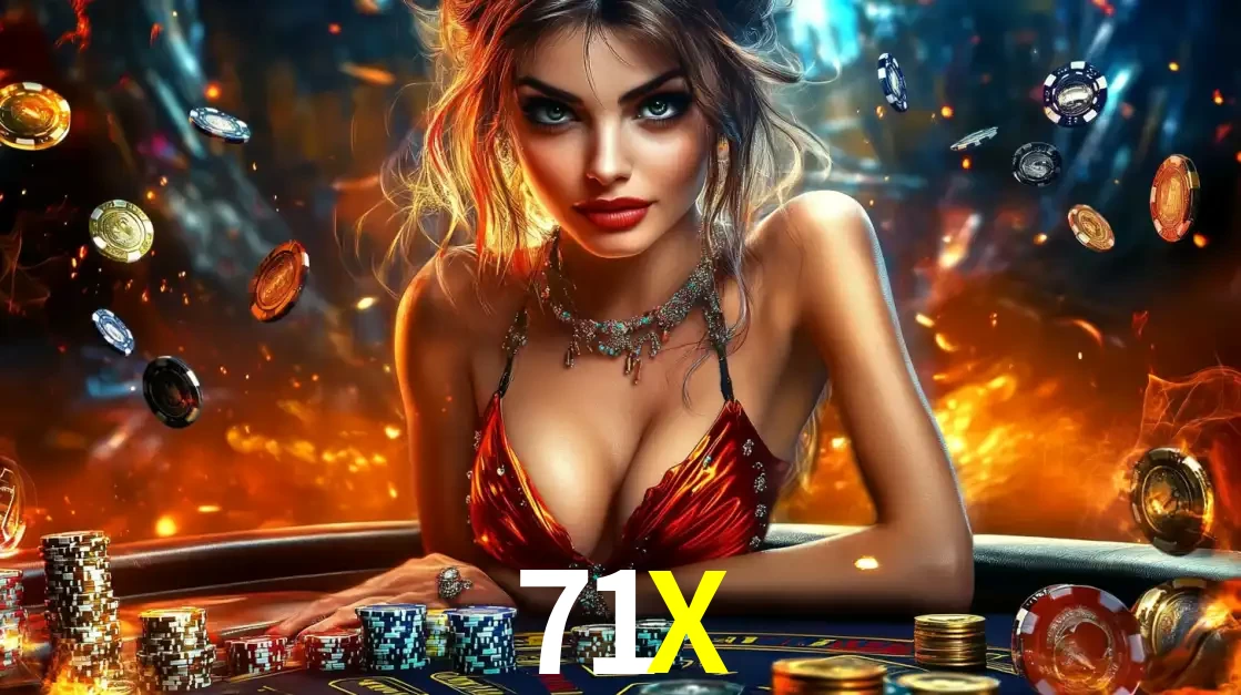 Mulher em uma mesa de cassino com pilhas de fichas e um fundo de fogo, pronta para uma rodada de altas apostas nos jogos de mesa emocionantes do cassino 71X.