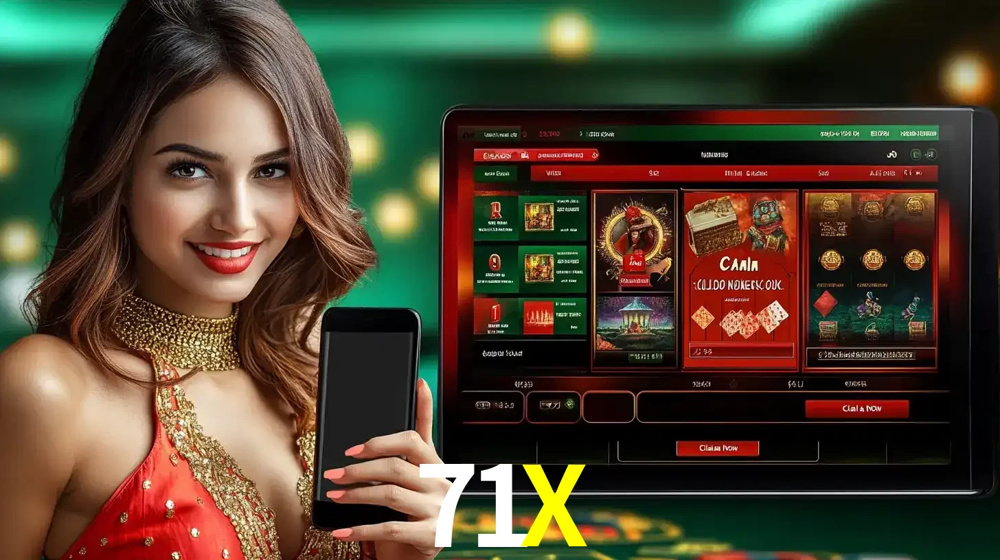 Mulher sorridente segurando um smartphone, ao lado de uma tela exibindo o lobby de jogos do cassino online 71X, com várias opções de jogos de cartas e slots.